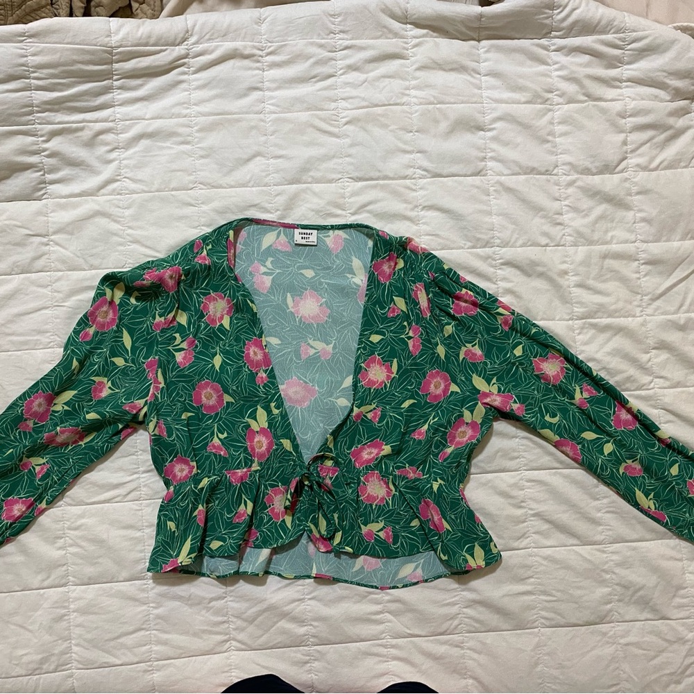 Green Floral Tie-Front Aritzia Blouse